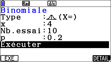 Loi binomiale avec le menu Probabilités