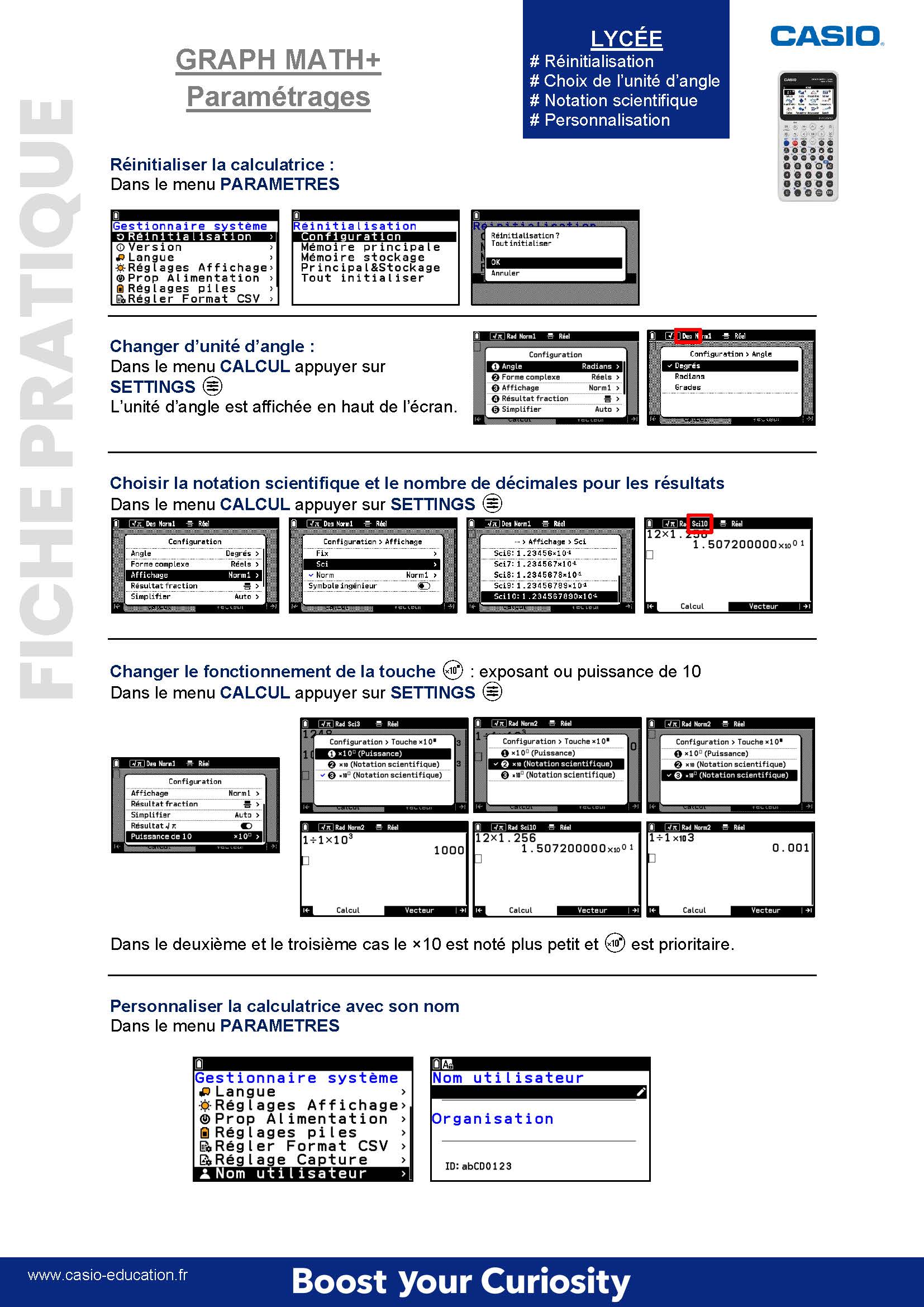 Fiche pratique paramétrages de la calculatrice GRAPH MATH+