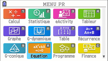 Accéder au menu Calcul de la calculatrice CASIO Graph 35+E II et Graph 90+E. Effacer l'écran et afficher la liste des fonctionnalités.