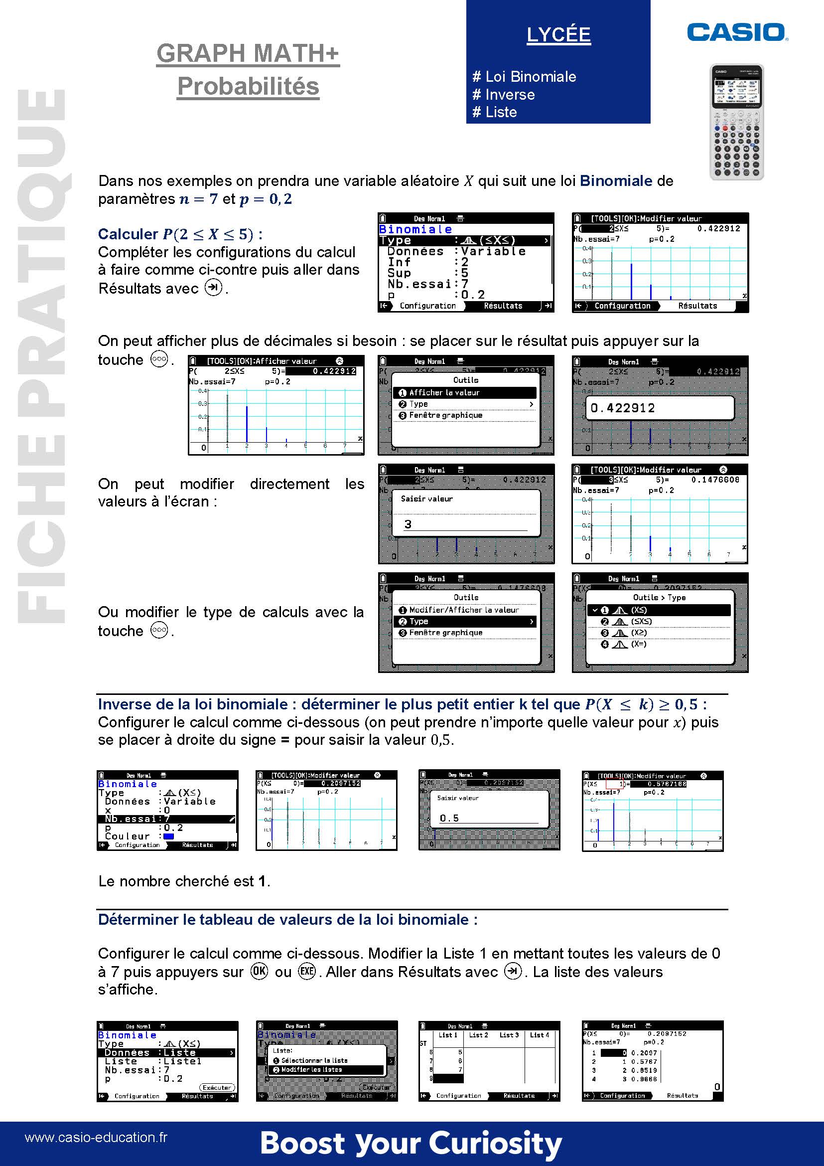 Fiche pratique probabilités avec la calculatrice GRAPH MATH+