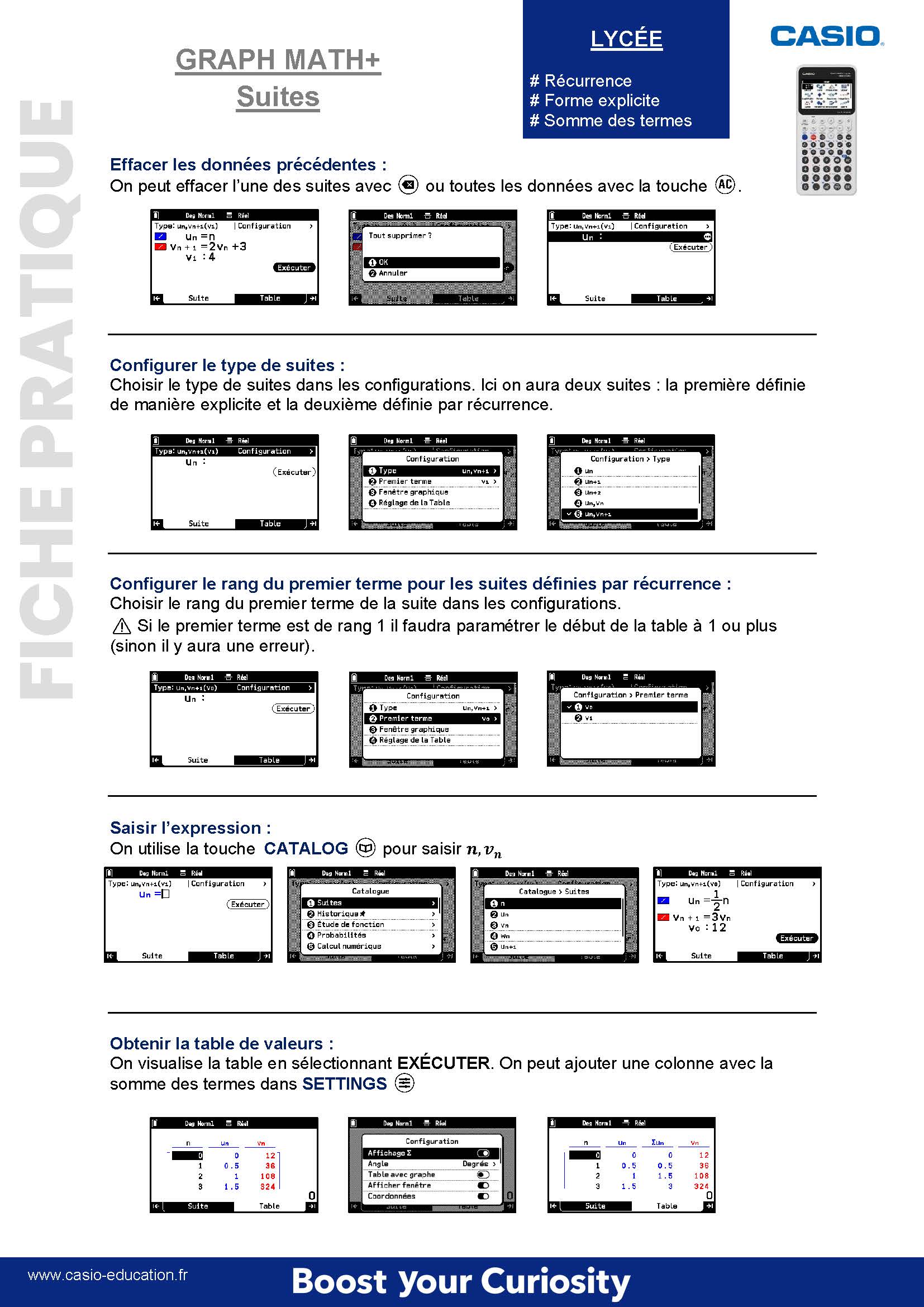 Fiche pratique menu SUITES de la calculatrice GRAPH MATH+