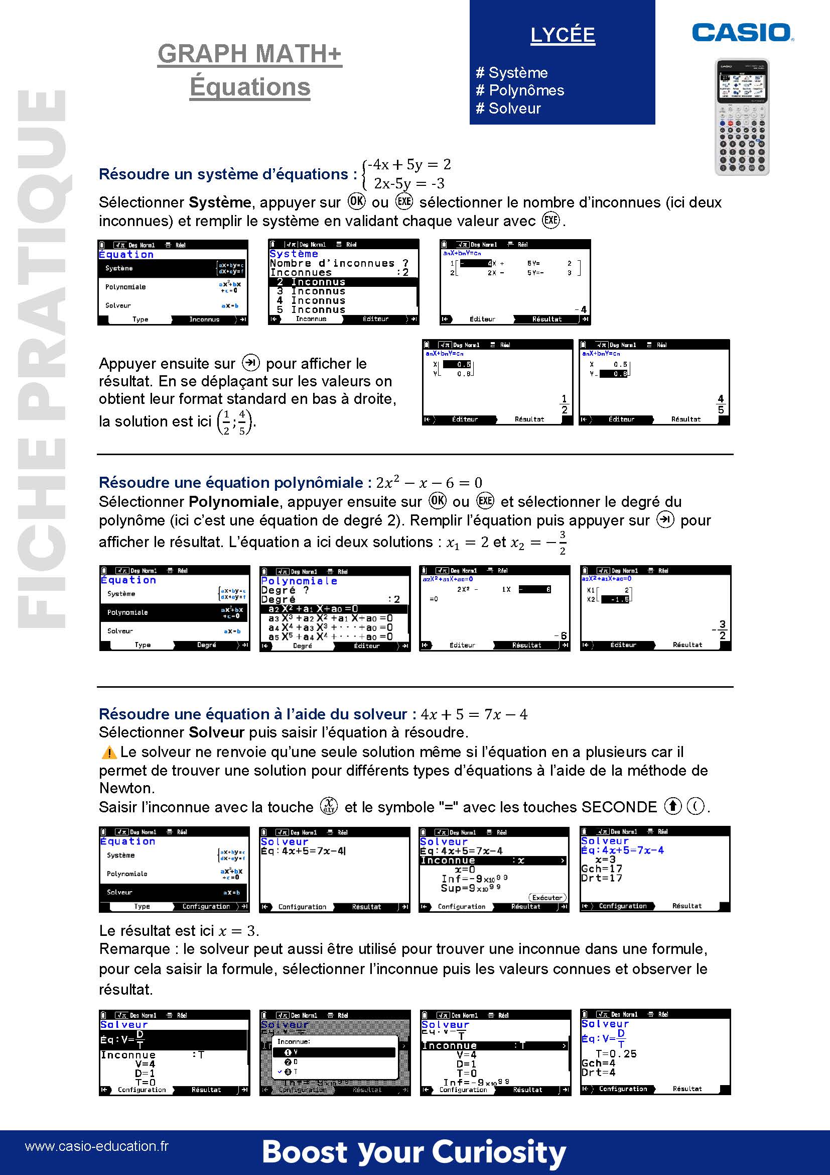 Fiche pratique menu équations de la calculatrice CASIO GRAPH MATH+