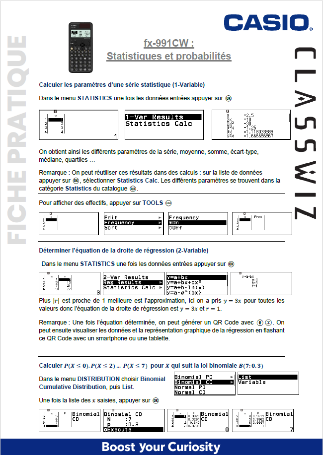 Fiche pratique statistiques et Probabilités fx-991CW