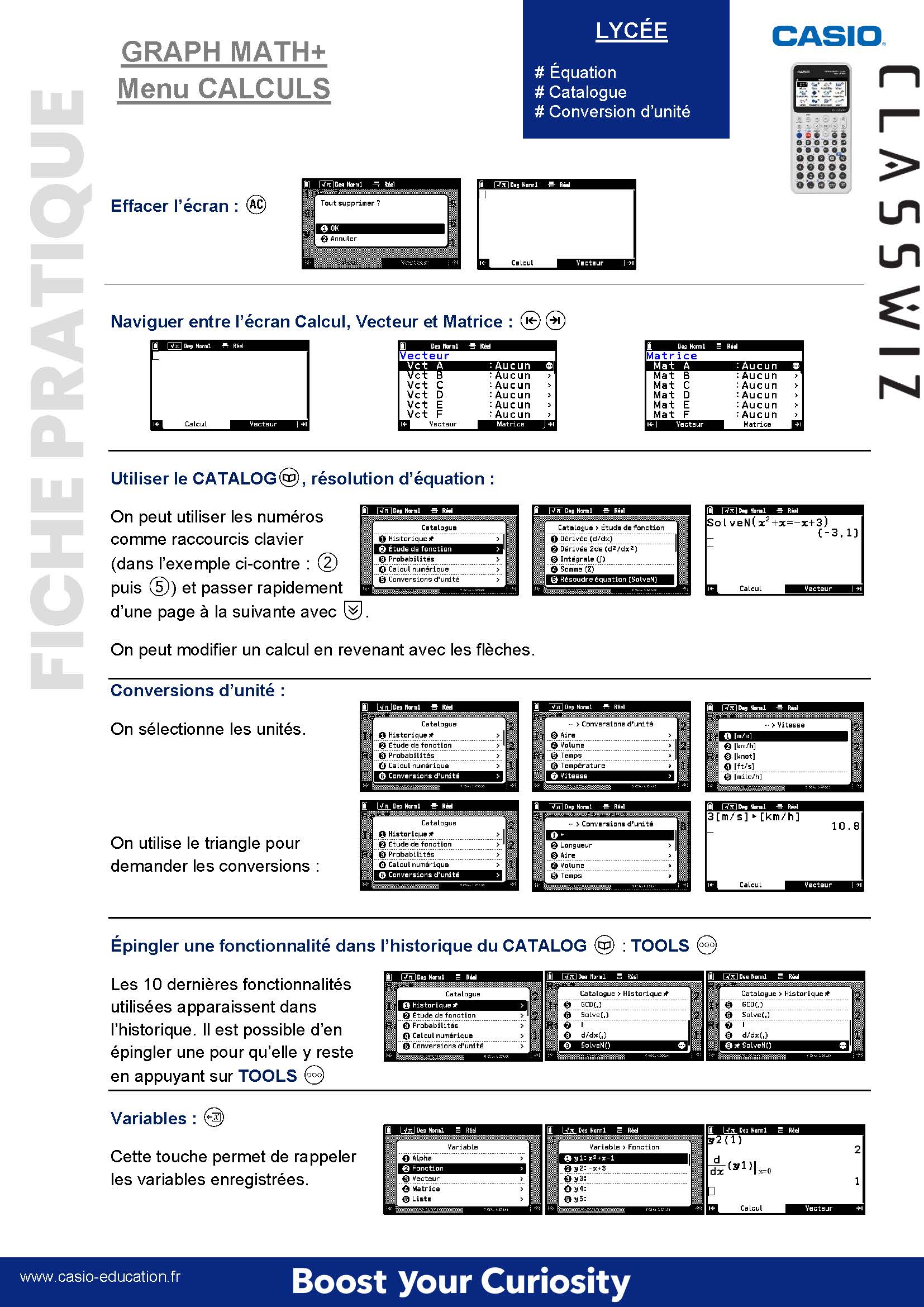 Fiche pratique menu calculs calculatrice GRAPH MATH+