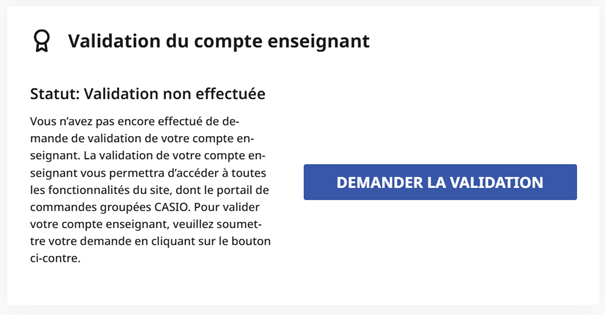 Capture d'écran "Demander la validation du compte enseignant"