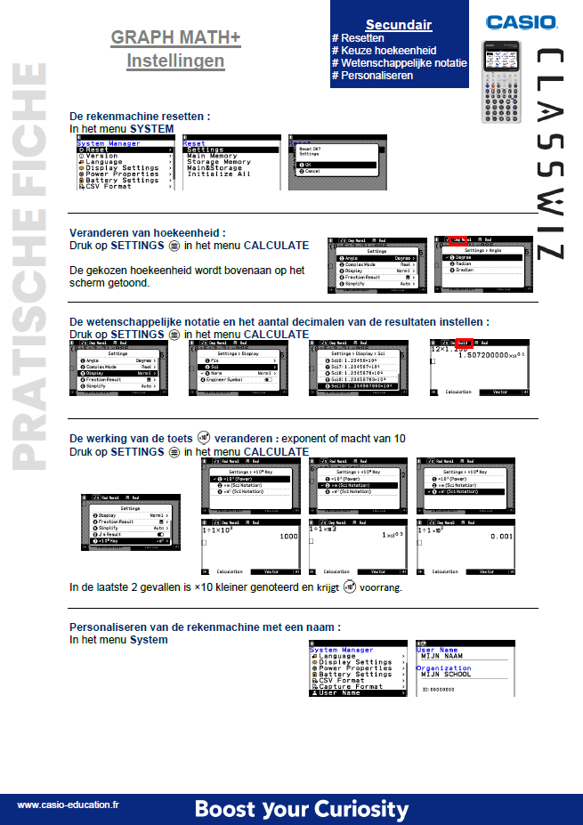 Praktische Fiche Instellingen GRAPH MATH