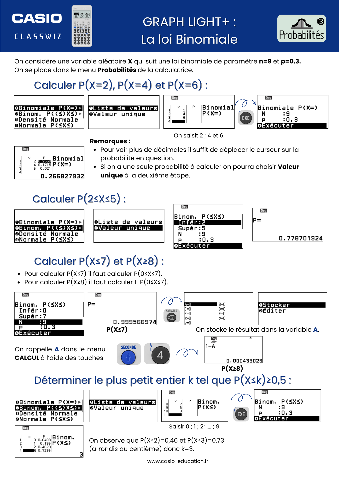 Fiche pratique Loi Binomiale avec la GRAPH LIGHT+.