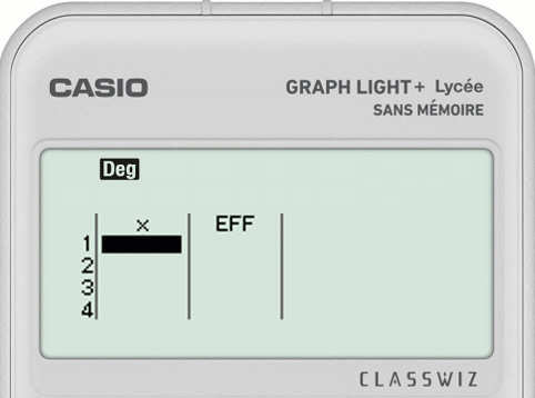 Saisir des données avec effectifs dans le menu Stats de la calculatrice CASIO GRAPH LIGHT+